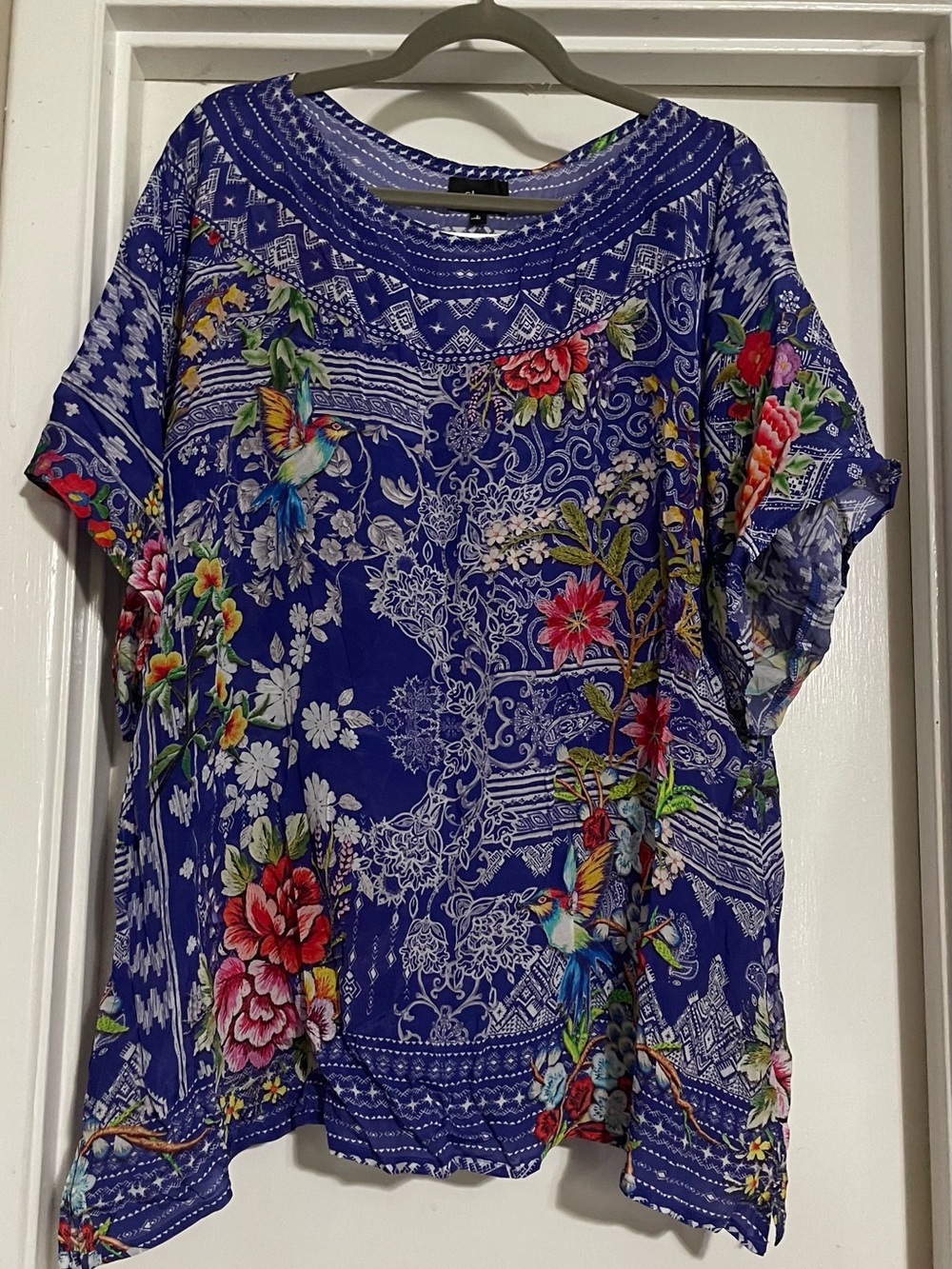 NWT Shana Apparel Silk Blend Blouse Blue Tropical Floral Bird Boho Top